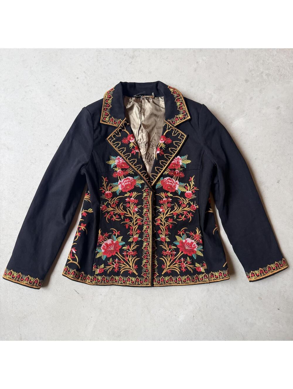 Paparazzi by Biz Black Twill Intricate Floral Embroidered Blazer Boho Jacket XL